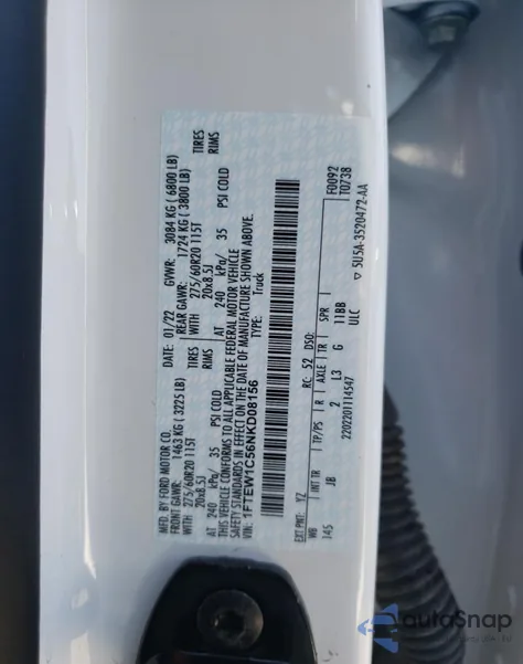 2022 Ford F150 Supercrew из США, поврежденный, VIN 1FTEW1C56NKD08156